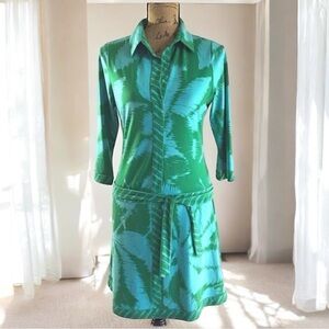 BCBGMAXAZRIA Womens Printed Collared Belted Shirt Dress Hawaii Island Palm Trees